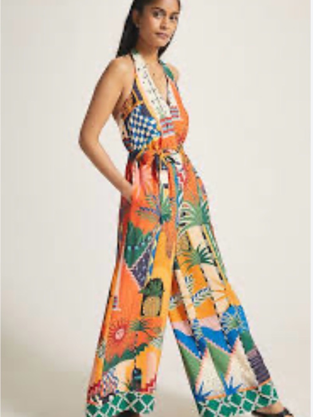 FARM Rio Orange Tropical Patchwork Halter Jumpsuit